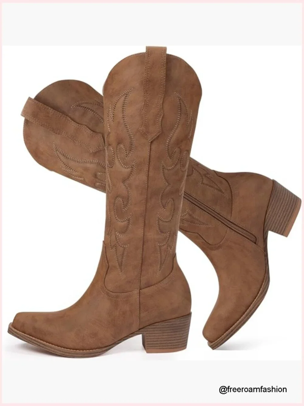Knee High Wide Calf Cowgirl Boots with Chunky Heel Snip Toe Side Zipper - Picture 1 of 7